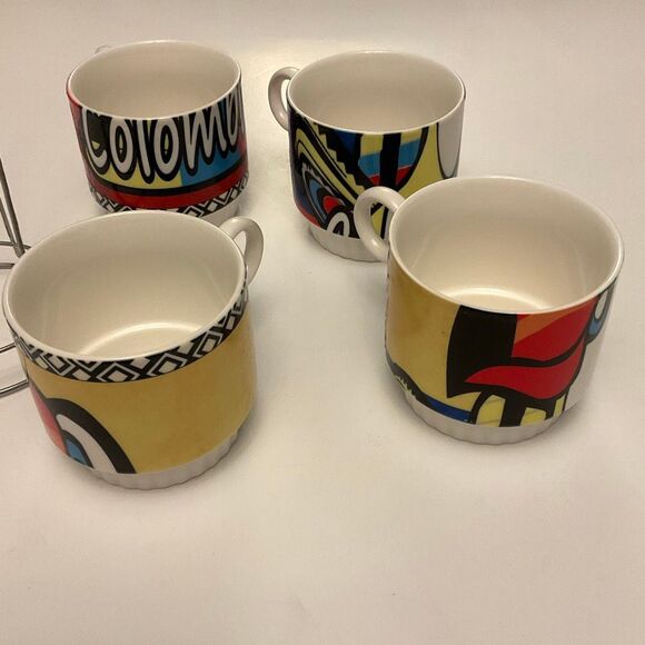 Vintage Columbia Toucan Stacking Coffee Cups. Set of 4 with Metal Holder - Picture 15 of 16